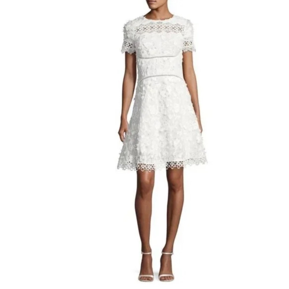 Eli Tahari Adina Dress White Lace‎ Floral Short Sleeve Cocktail Party Size 6
